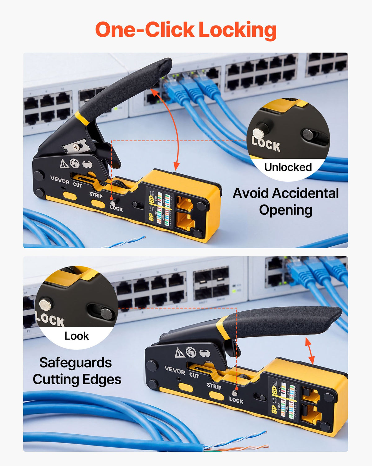 Crimping Tool, RJ45/RJ11/RJ12 Ethernet Crimper, Crimp Tool Kit for 4/6/8-Pin Modular Plugs, with Mini Wire Stripper, 50 Connectors and 50 Boots, Replacement Blades, and Network Cable Tester