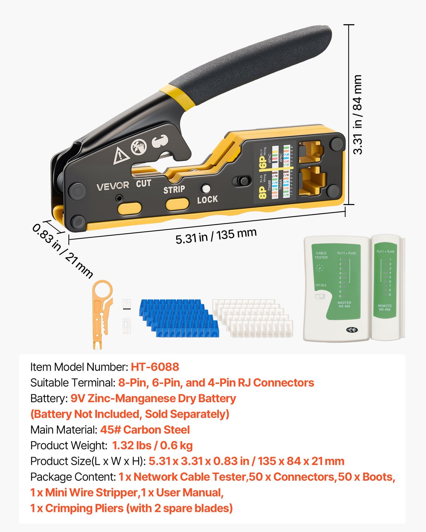 Crimping Tool, RJ45/RJ11/RJ12 Ethernet Crimper, Crimp Tool Kit for 4/6/8-Pin Modular Plugs, with Mini Wire Stripper, 50 Connectors and 50 Boots, Replacement Blades, and Network Cable Tester