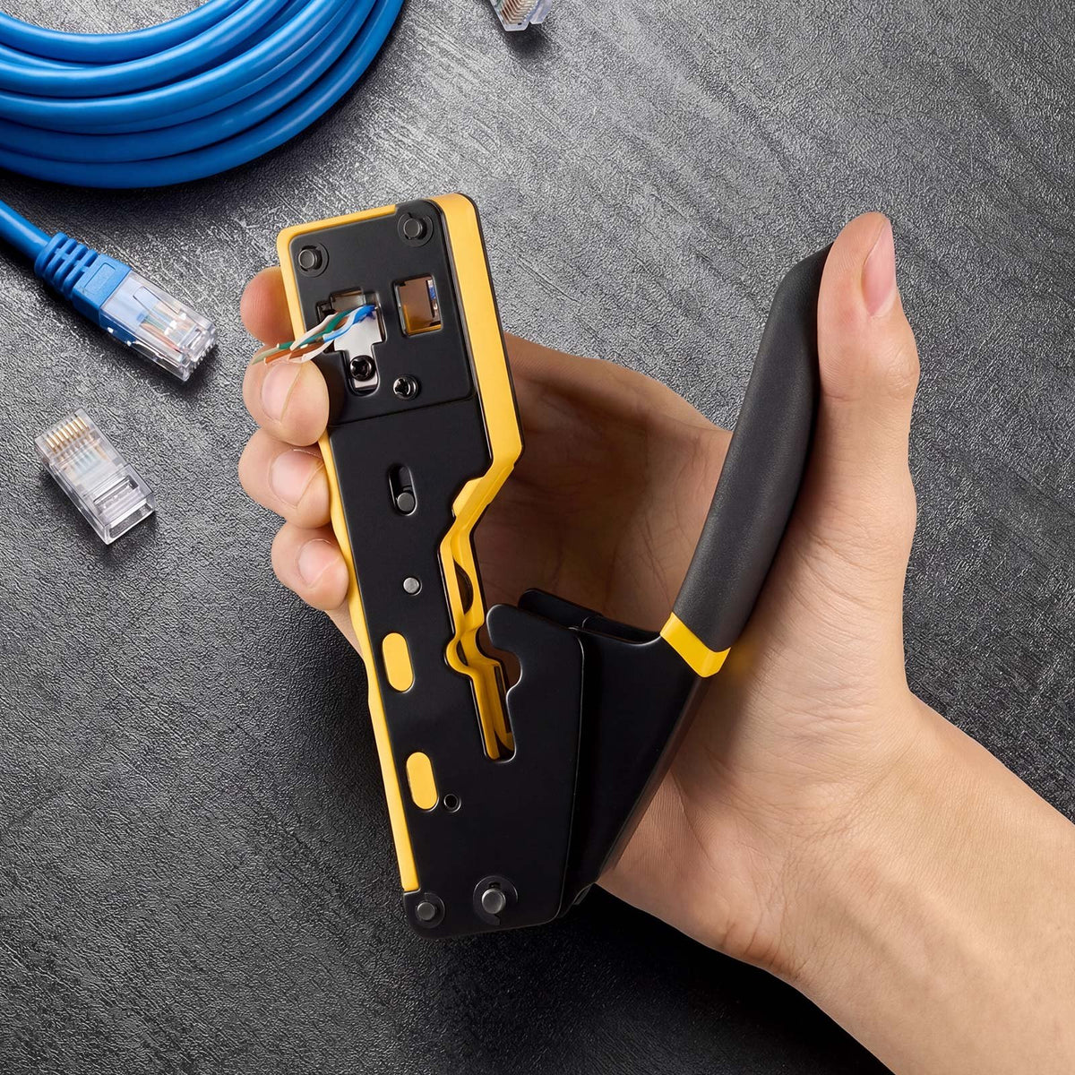 Crimping Tool, RJ45/RJ11/RJ12 Ethernet Crimper, Crimp Tool Kit for 4/6/8-Pin Modular Plugs, with Mini Wire Stripper, 50 Connectors and 50 Boots, Replacement Blades, and Network Cable Tester