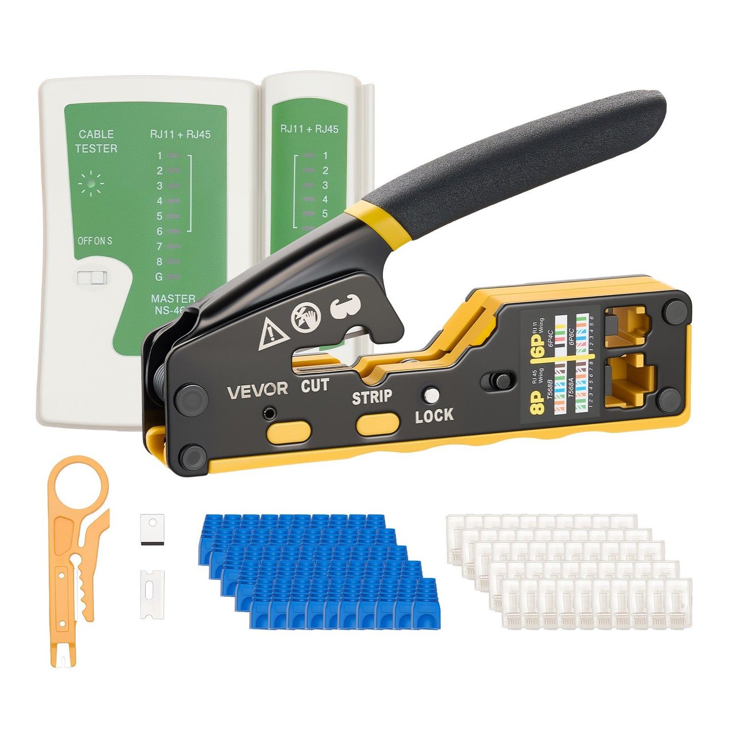 Crimping Tool, RJ45/RJ11/RJ12 Ethernet Crimper, Crimp Tool Kit for 4/6/8-Pin Modular Plugs, with Mini Wire Stripper, 50 Connectors and 50 Boots, Replacement Blades, and Network Cable Tester