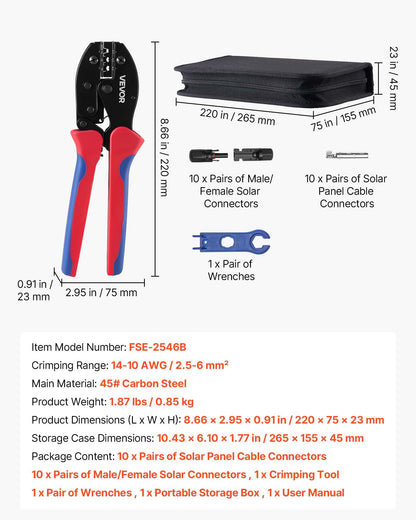 Crimping Tool, 2.5-6 mm² Ratcheting Solar Connector Crimper Tool Kit, Clear Metric & AWG Markings, with 10 Pairs Solar Connectors, 10 Pairs of Cable Connectors, Wrenches, and a Storage Case