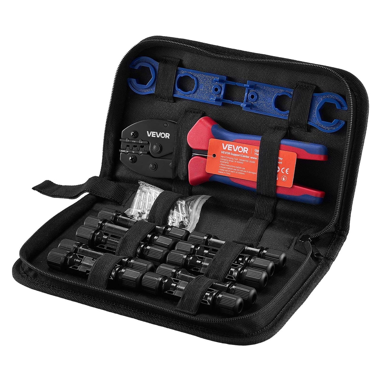 Crimping Tool, 2.5-6 mm² Ratcheting Solar Connector Crimper Tool Kit, Clear Metric & AWG Markings, with 10 Pairs Solar Connectors, 10 Pairs of Cable Connectors, Wrenches, and a Storage Case