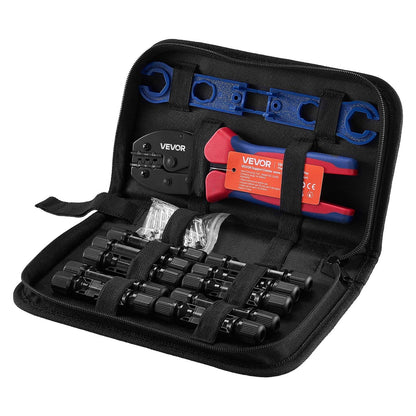 Crimping Tool, 2.5-6 mm² Ratcheting Solar Connector Crimper Tool Kit, Clear Metric & AWG Markings, with 10 Pairs Solar Connectors, 10 Pairs of Cable Connectors, Wrenches, and a Storage Case