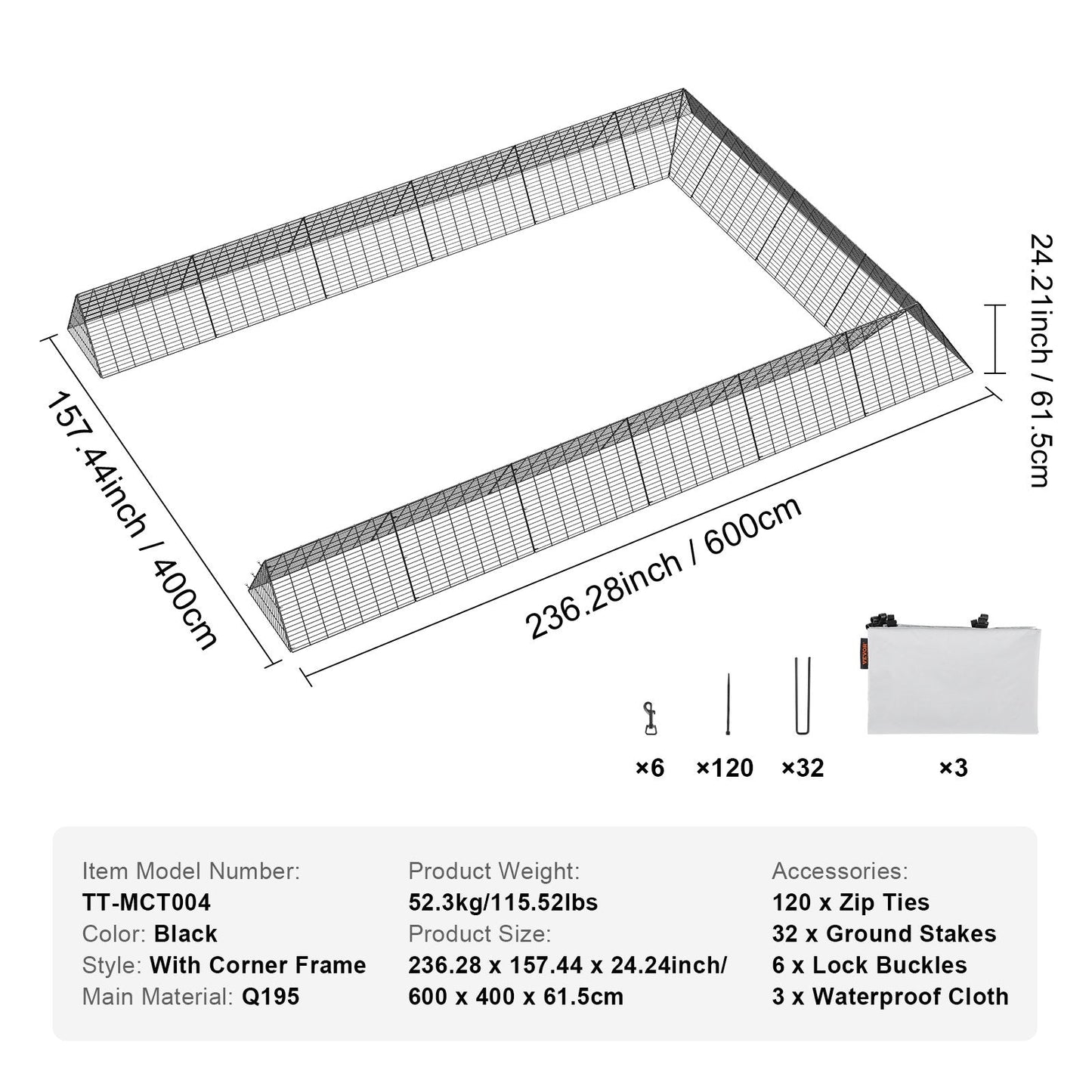Portable Multi-Animal Tunnels, 600m x 400m x 61.5m, with Corner Frames for Outdoors