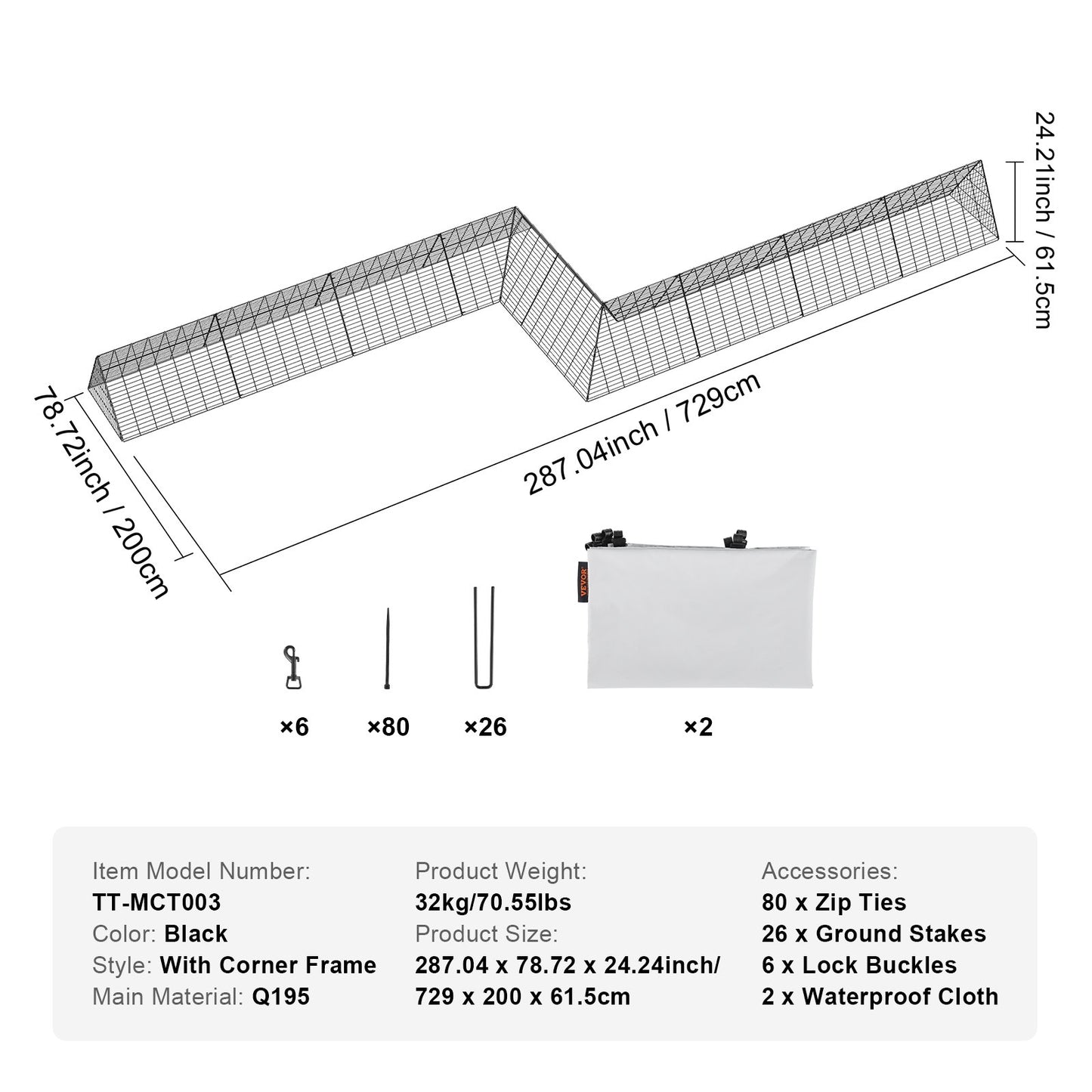 VEVOR Chicken Tunnels, 729 x 200 x 61.5cm(LxWxH) Chicken Tunnels for Yard, Portable