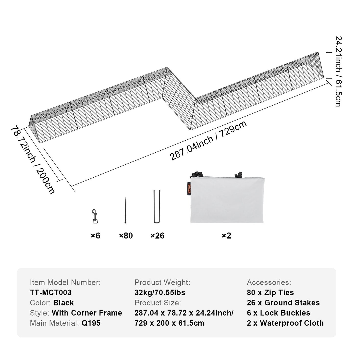 Portable Chicken Tunnel Set with Corner Frames, 7.29m x 2m x 0.615m, Black