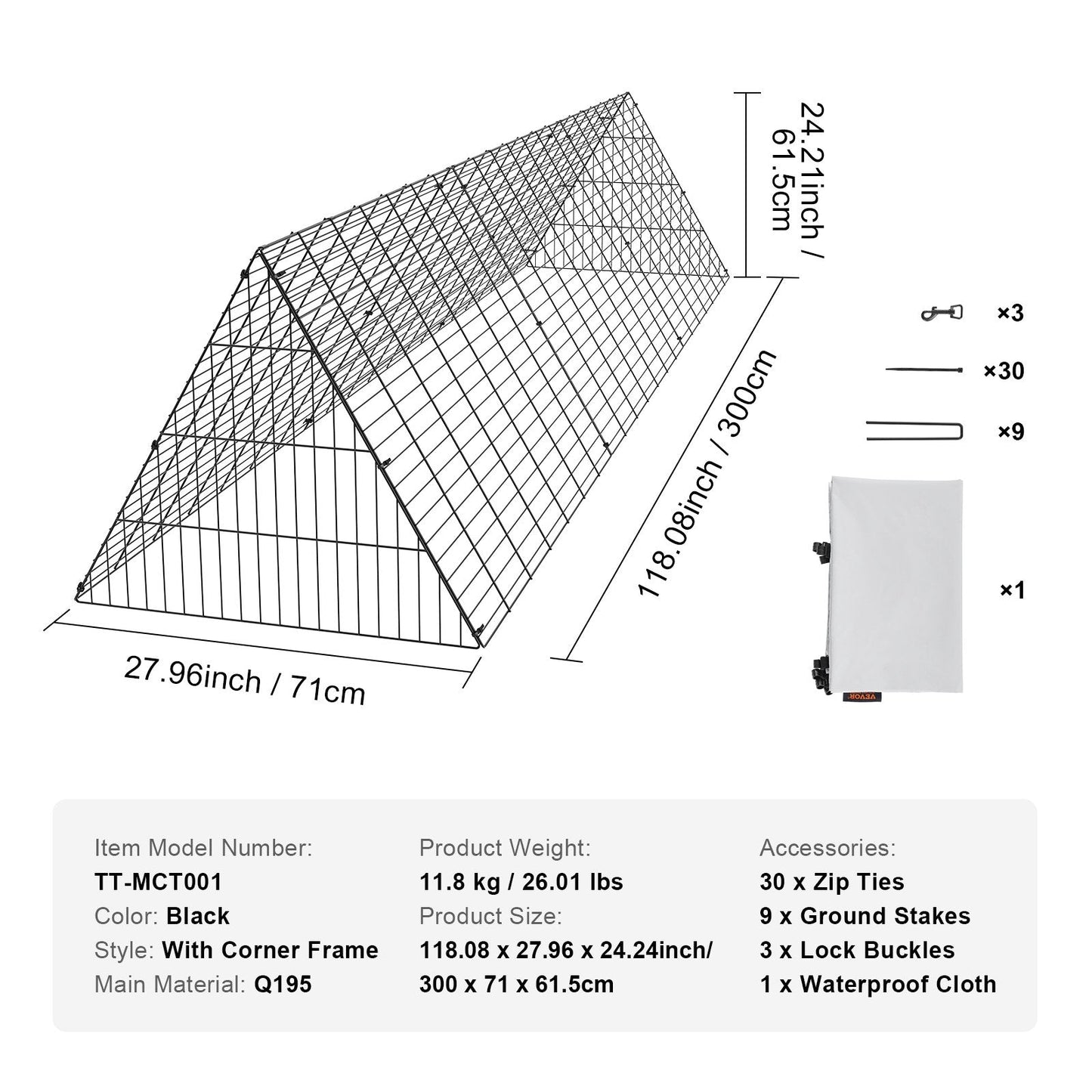 Portable Outdoor Chicken Tunnel Run, 3m x 0.71m x 0.61m, Easy Setup & Durable