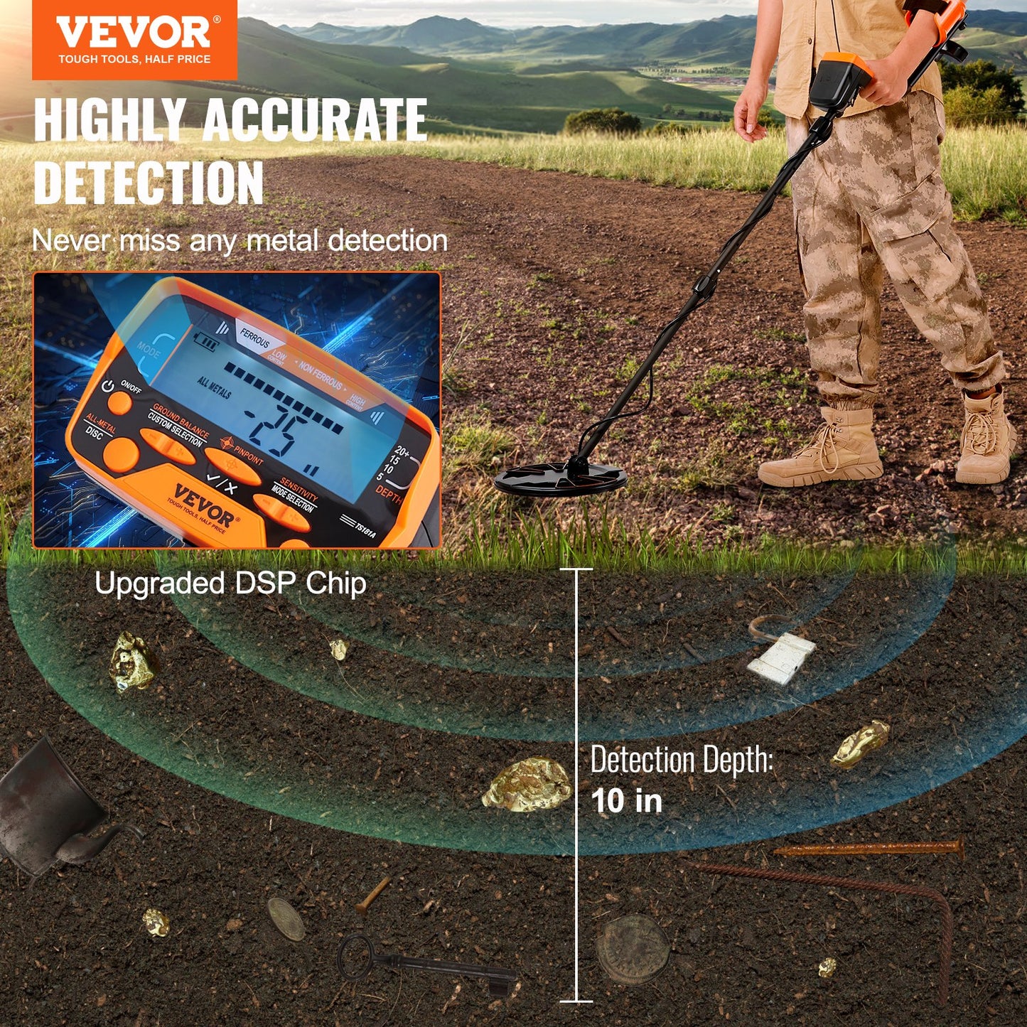 VEVOR Metal Detector for Adults&Kids, 250mm, Professional Adjustable Higher Accuracy