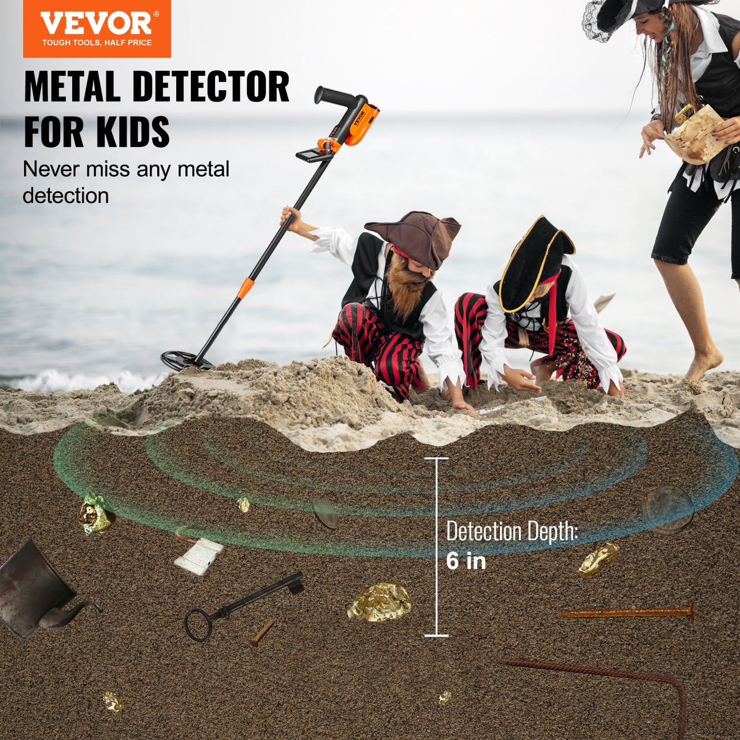 VEVOR Metal Detector for Kids, 150mm, Waterproof Search Coil with LCD Display, Adjustable
