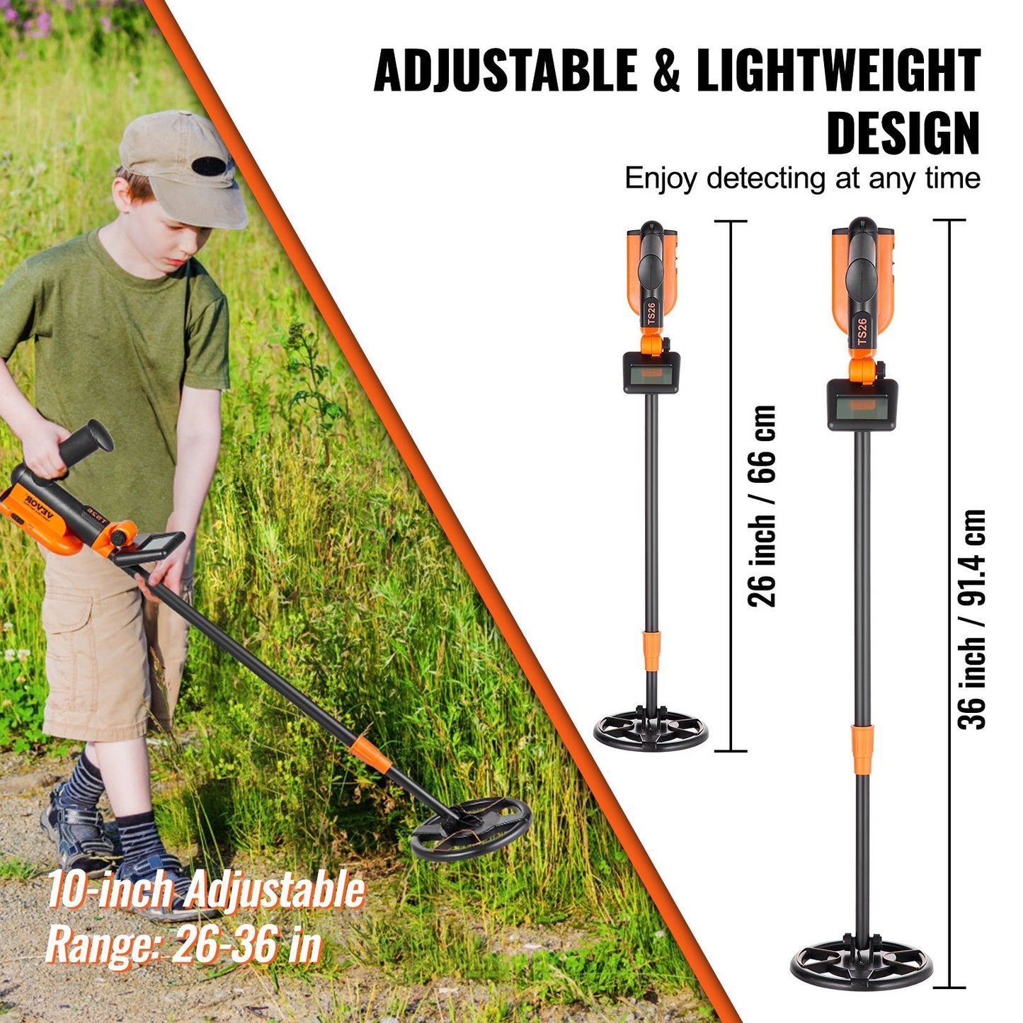 Kids Metal Detector, Waterproof Coil, LCD Display, Adjustable 0.66-0.91m Handle