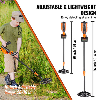 Kids Metal Detector, Waterproof Coil, LCD Display, Adjustable 0.66-0.91m Handle