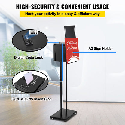 Floor Standing Metal Suggestion Box with Lock & Sign Holder, 108 cm, Black