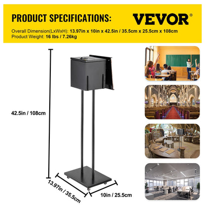 Floor Standing Metal Suggestion Box with Lock & Sign Holder, 108 cm, Black