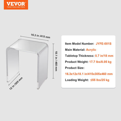 Clear Acrylic C-Shaped Side Table, 25 kg Load Capacity, 0.46m x 0.31m x 0.41m