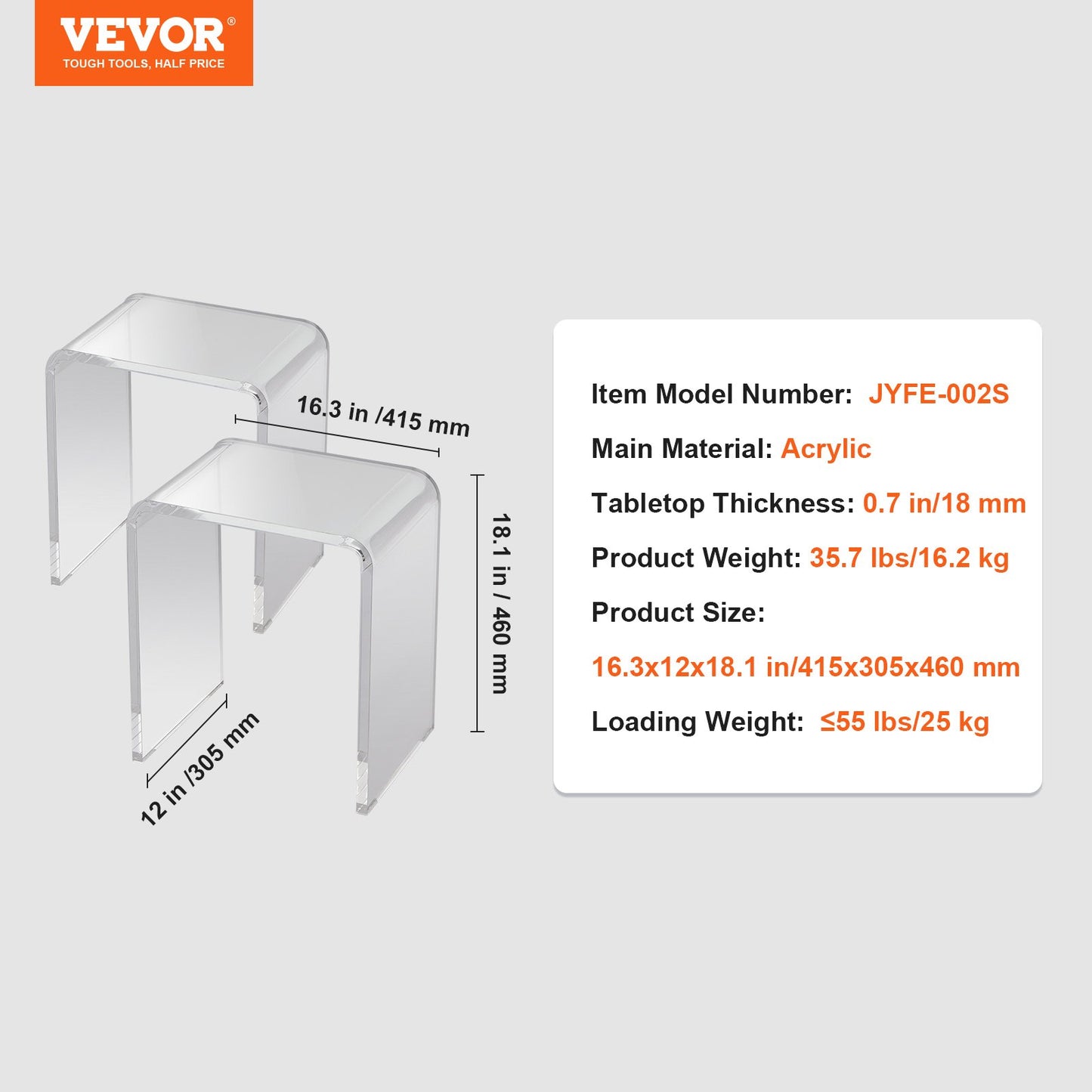VEVOR Acrylic End Table, 2 pcs C-Shaped Lucite Side Tables, Clear Acrylic Side Table