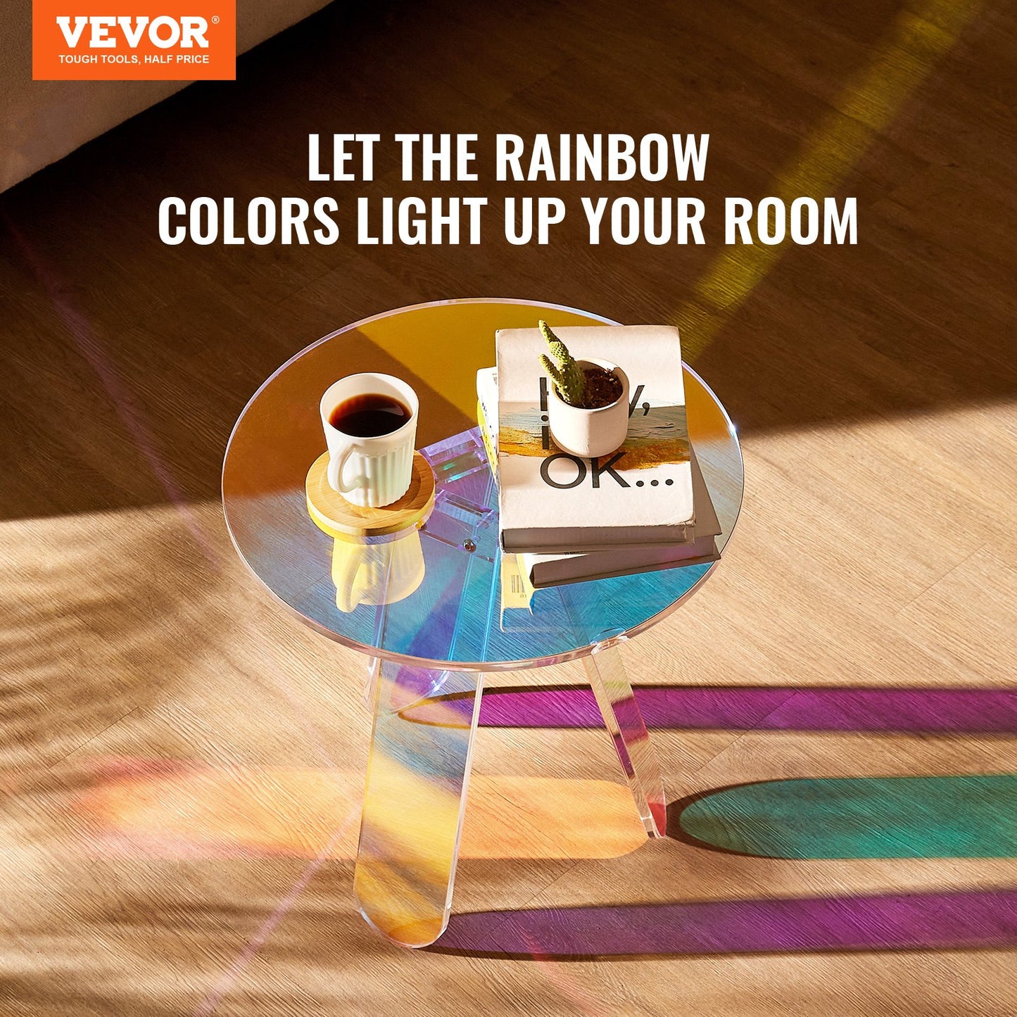 VEVOR Round Iridescent Side Table, Acrylic End Table, Clear Rainbow Acrylic Coffee