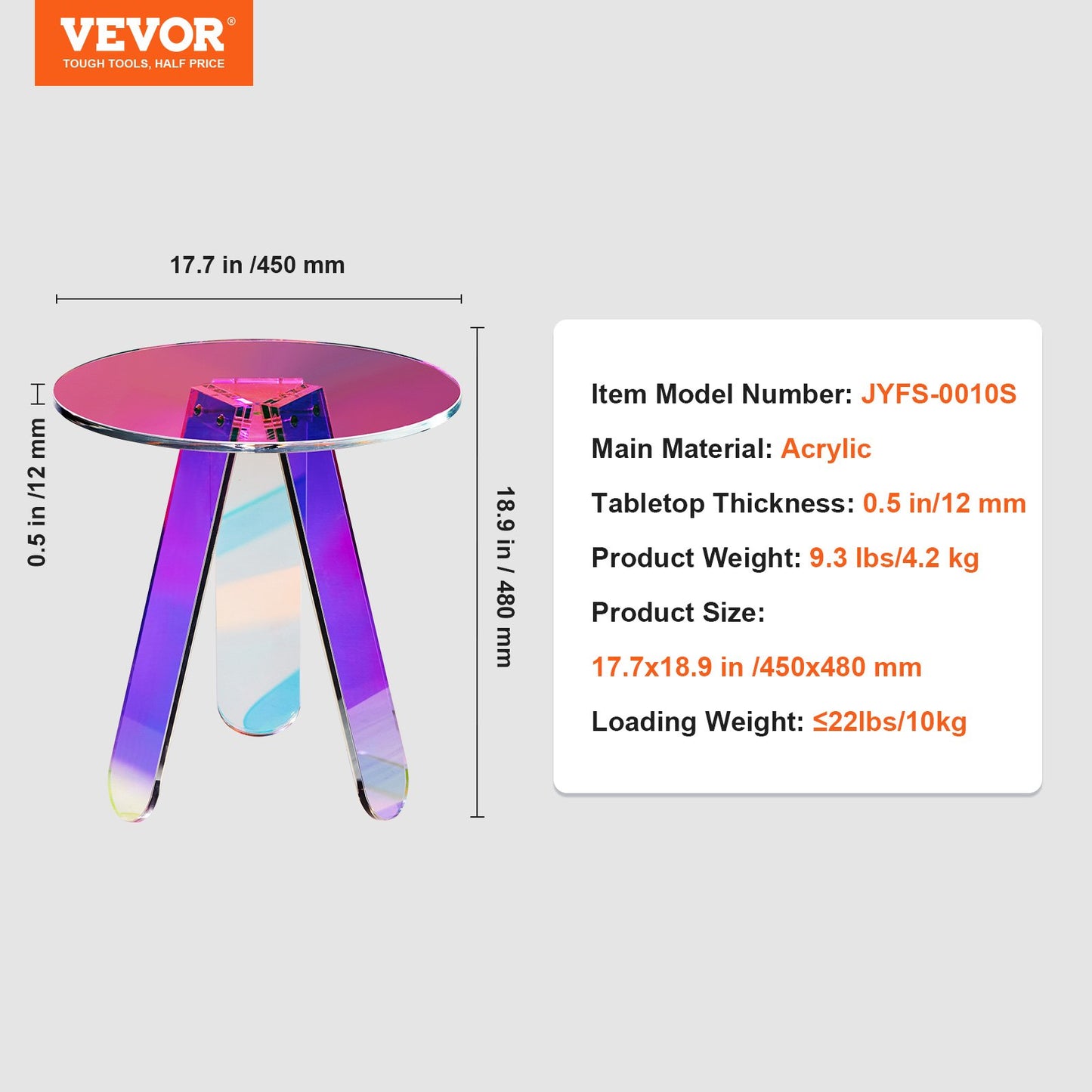 VEVOR Round Iridescent Side Table, Acrylic End Table, Clear Rainbow Acrylic Coffee