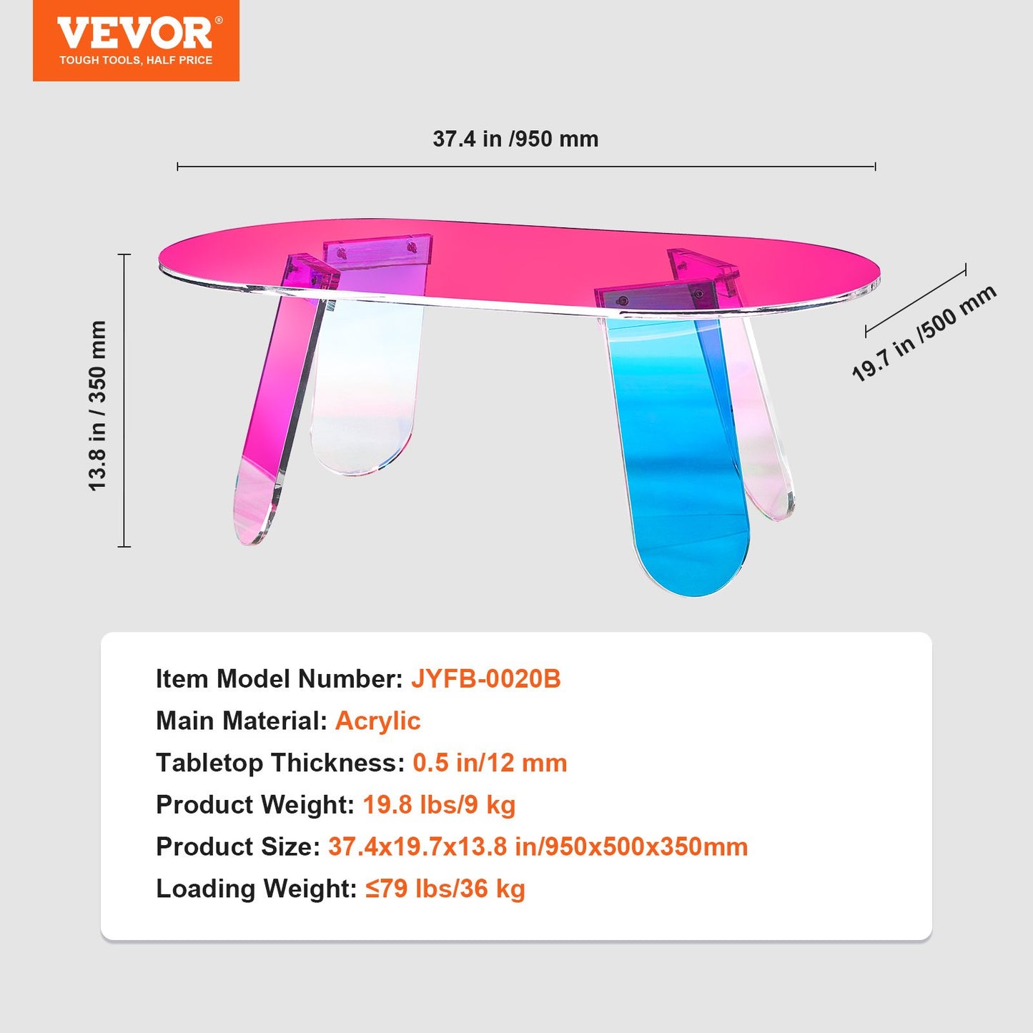 VEVOR Acrylic Coffee Table, Iridescent Acrylic End Table, 13.8 inch high Colorful
