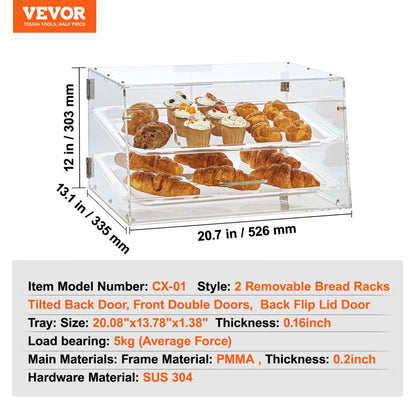 VEVOR Pastry Display Case, 2-Tier Commercial Countertop Bakery Display Case, Acrylic Display Box with Rear Door Access & Removable Shelves, Keep Fresh for Donut Bagels Cake Cookie