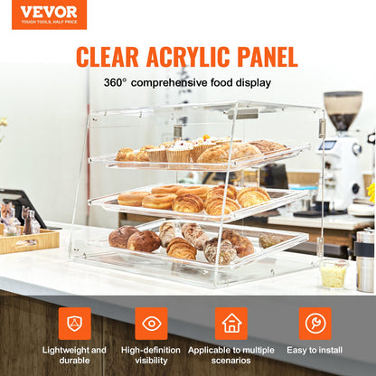 VEVOR Pastry Display Case, 3-Tier Commercial Countertop Bakery Display Case, Acrylic