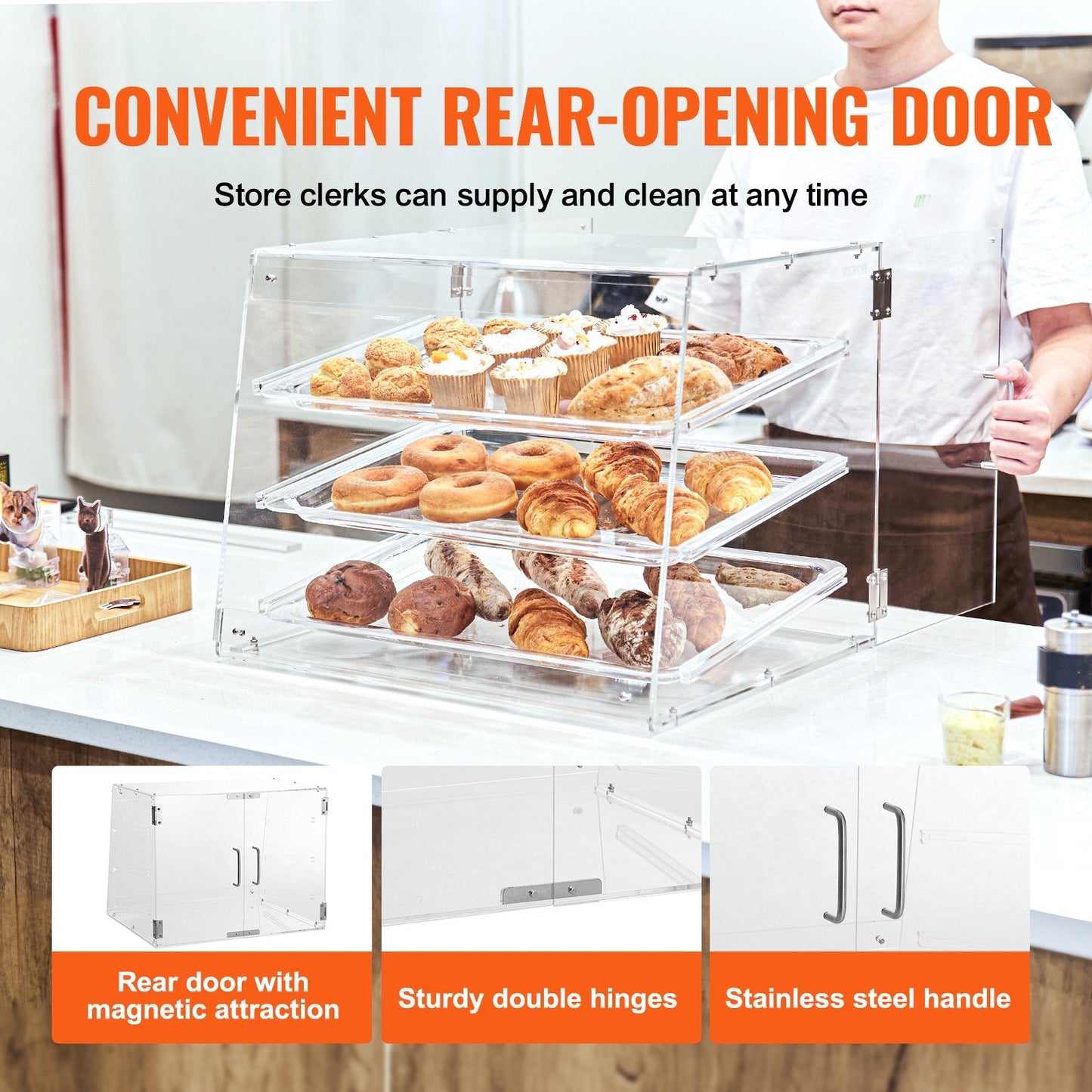 3-Tier Acrylic Pastry Display Case with Magnetic Rear Door & Removable Shelves