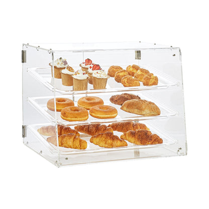 3-Tier Acrylic Pastry Display Case with Magnetic Rear Door & Removable Shelves