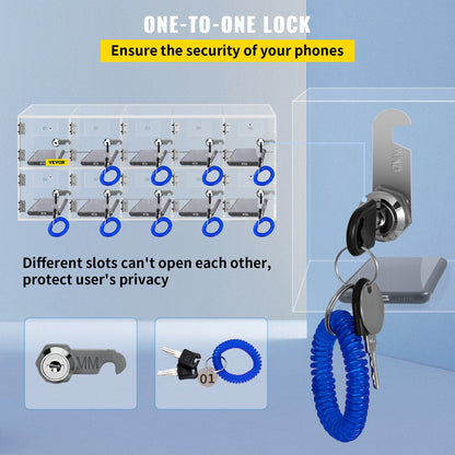 Wall-Mounted Acrylic Phone Locker with 10 Secure Slots and Keys