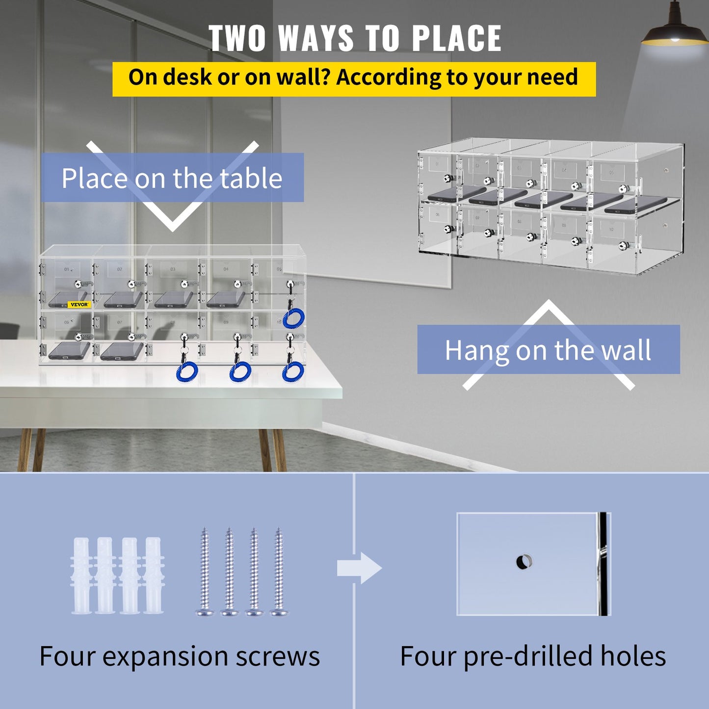 VEVOR Cell Phone Storage Locker, 10 Slots Acrylic Material with Door Locks and Keys,