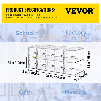 VEVOR Cell Phone Storage Locker, 10 Slots Acrylic Material with Door Locks and Keys,