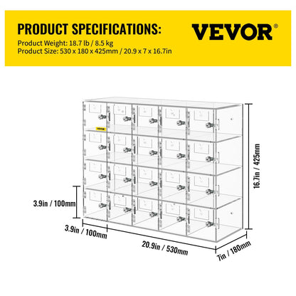 Clear Acrylic Phone Storage Cabinet with Keys, 20 Slots, Wall Mountable