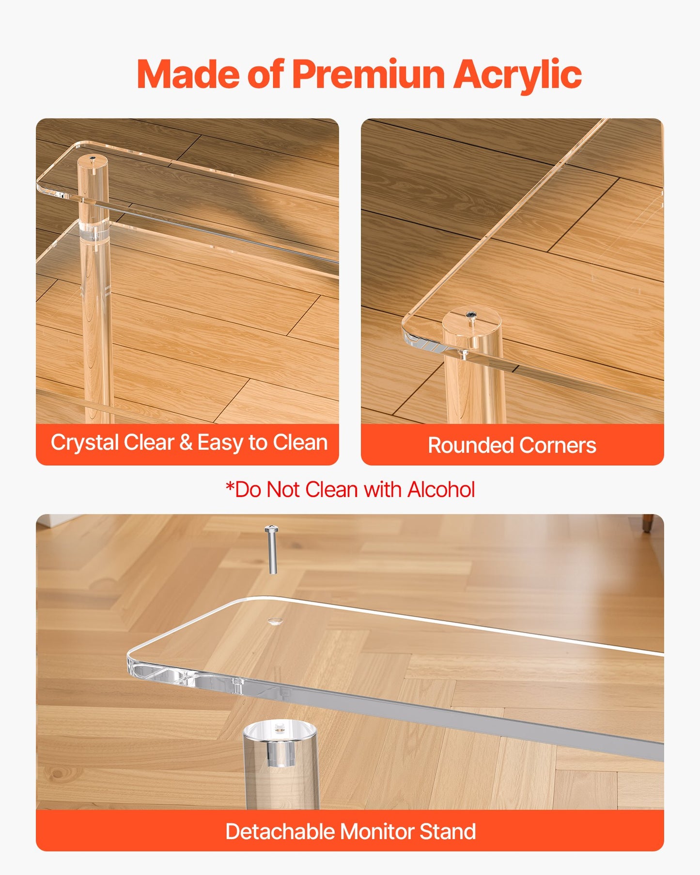 Acrylic Table, 2 Tiers Clear Office Desk with Monitor Stand, Acrylic Study Computer Desk, Modern Side End Table Nightstand for Bedroom, Office, Study, Cloakroom, 50 x 80 x 88 cm (Clear)