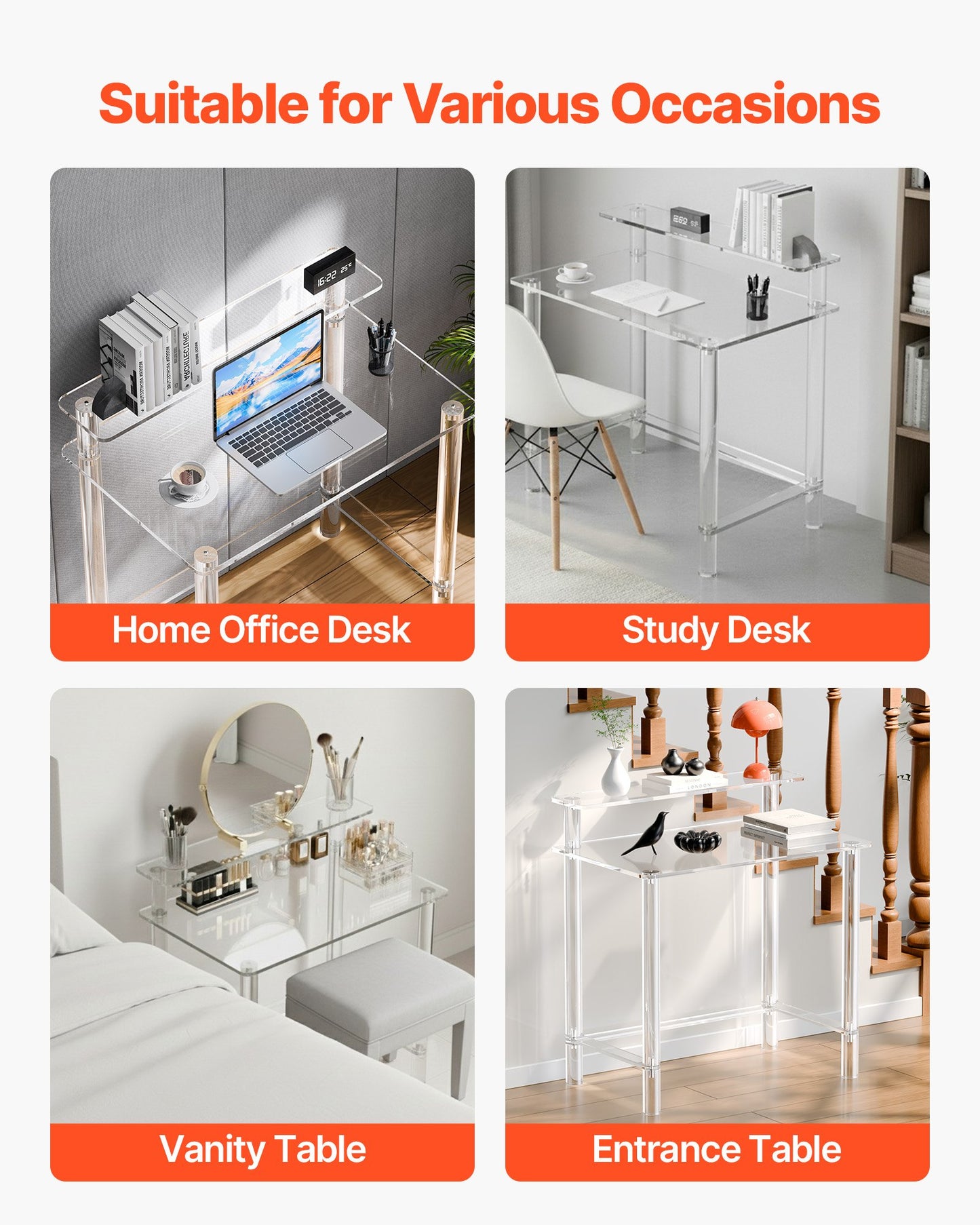 Acrylic Table, 2 Tiers Clear Office Desk with Monitor Stand, Acrylic Study Computer Desk, Modern Side End Table Nightstand for Bedroom, Office, Study, Cloakroom, 50 x 80 x 88 cm (Clear)