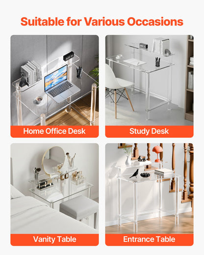 Acrylic Table, 2 Tiers Clear Office Desk with Monitor Stand, Acrylic Study Computer Desk, Modern Side End Table Nightstand for Bedroom, Office, Study, Cloakroom, 50 x 80 x 88 cm (Clear)