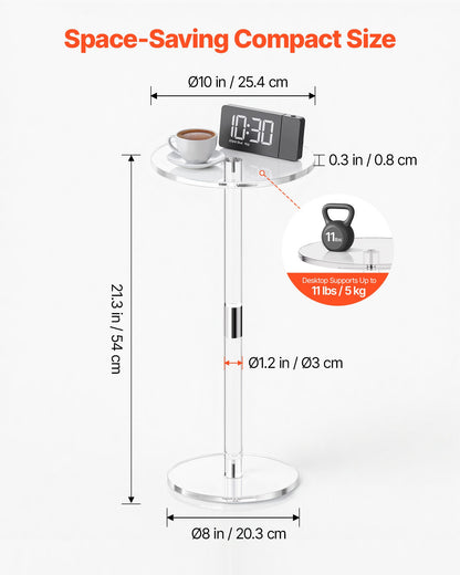 Acrylic Drink Table, Clear End Table Round Top with Solid Post, Modern Acrylic Cake Table Stand, Transparent Side Desk for Coffee, Drink, Food, Snack, Easy Assembly, 25.4 x 25.4 x 54 cm (Clear)