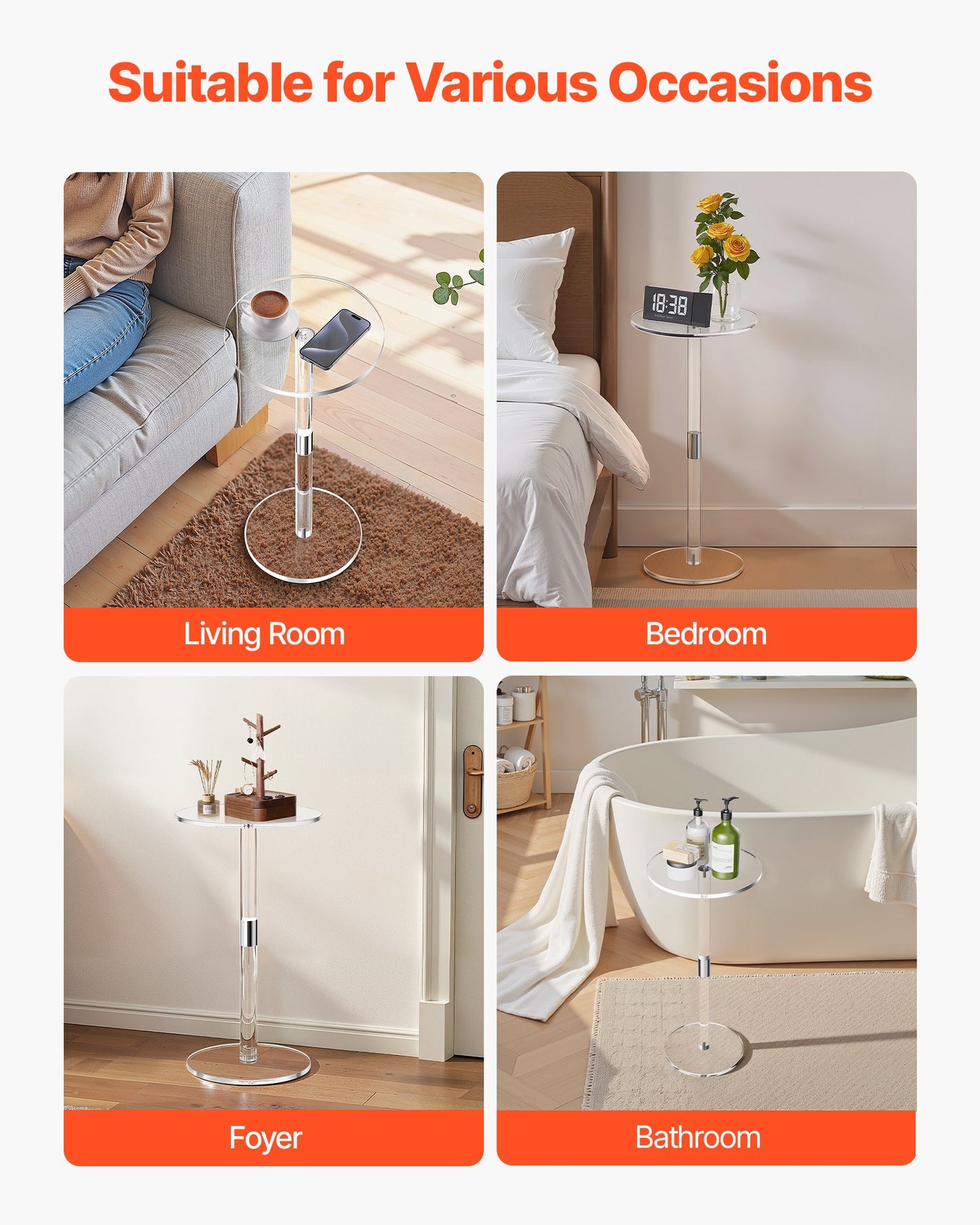 Acrylic Drink Table, Clear End Table Round Top with Solid Post, Modern Acrylic Cake Table Stand, Transparent Side Desk for Coffee, Drink, Food, Snack, Easy Assembly, 25.4 x 25.4 x 54 cm (Clear)