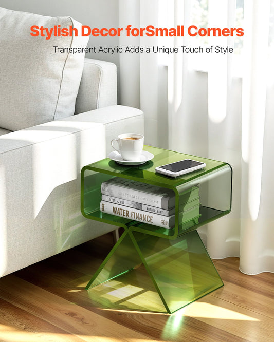 Acrylic Nightstand Side Table, Modern Clear Bedside Table with Storage Shelf, Transparent Small End Desk for Living Room, Bedroom, Home Decor, No Assembly Needed, 30 x 39.1 x 43 cm (Green)