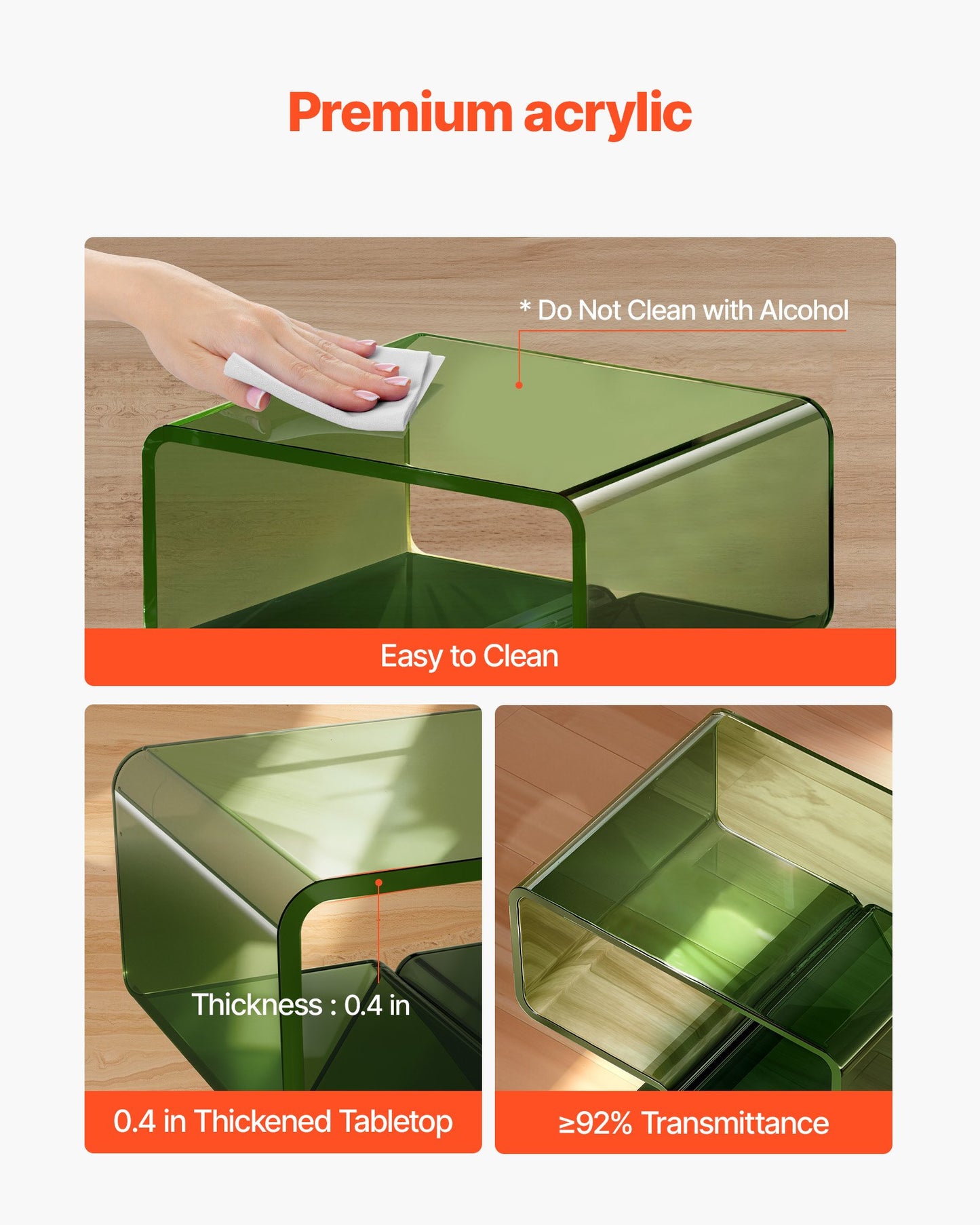 Acrylic Nightstand Side Table, Modern Clear Bedside Table with Storage Shelf, Transparent Small End Desk for Living Room, Bedroom, Home Decor, No Assembly Needed, 30 x 39.1 x 43 cm (Green)