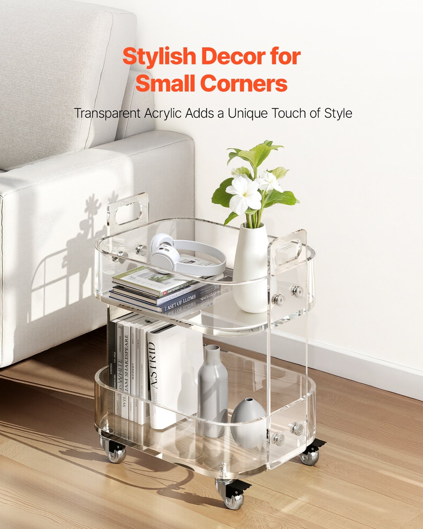 Acrylic Table with Wheels, 2 Tiers Mobile Cart Table, Modern Rolling Acrylic Storage Desk, Clear Nightstand Side End Desk, for Living Room, Bedroom, Bar, Office, 30.5 x 41.6 x 48 cm (Clear)