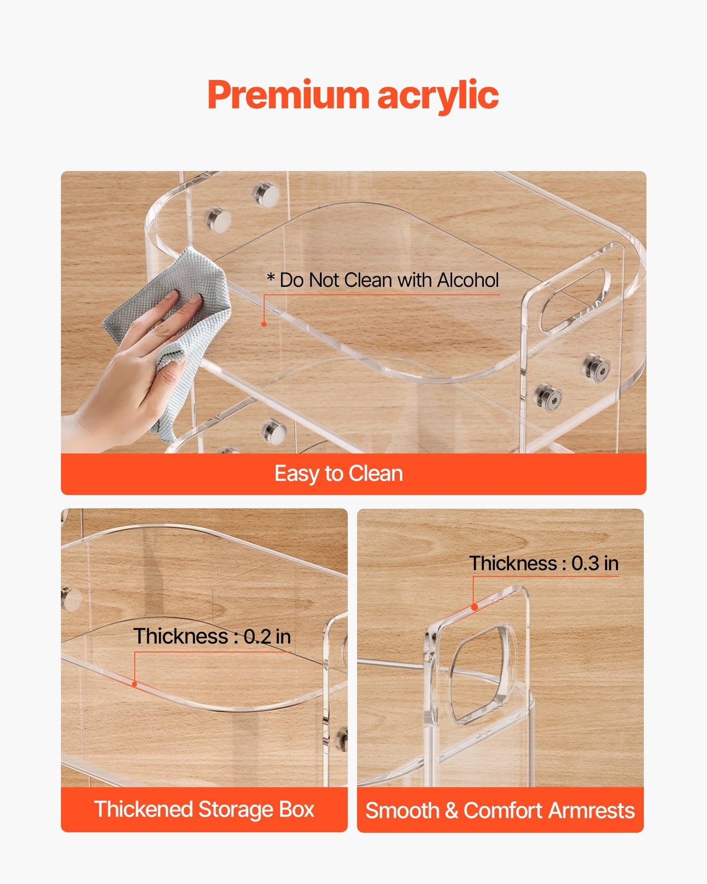 Acrylic Table with Wheels, 2 Tiers Mobile Cart Table, Modern Rolling Acrylic Storage Desk, Clear Nightstand Side End Desk, for Living Room, Bedroom, Bar, Office, 30.5 x 41.6 x 48 cm (Clear)