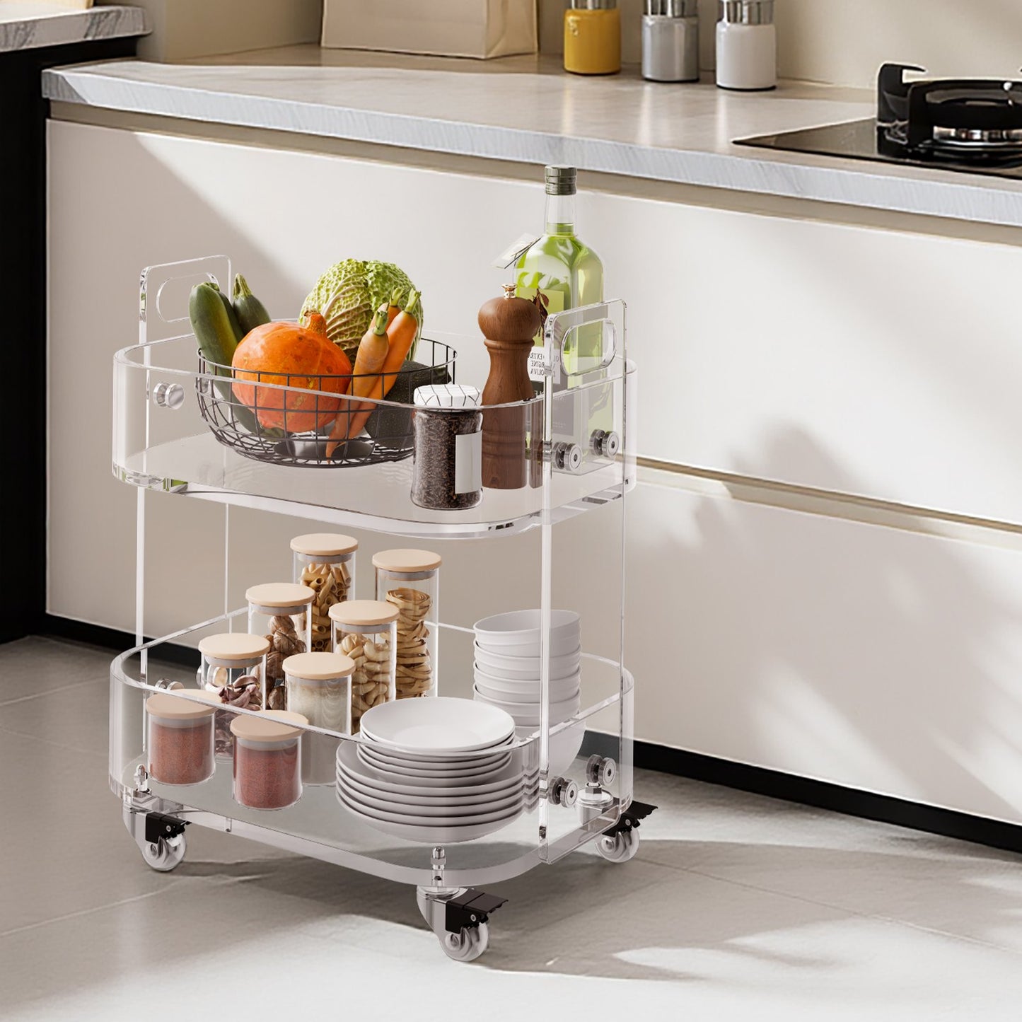 Acrylic Table with Wheels, 2 Tiers Mobile Cart Table, Modern Rolling Acrylic Storage Desk, Clear Nightstand Side End Desk, for Living Room, Bedroom, Bar, Office, 30.5 x 41.6 x 48 cm (Clear)
