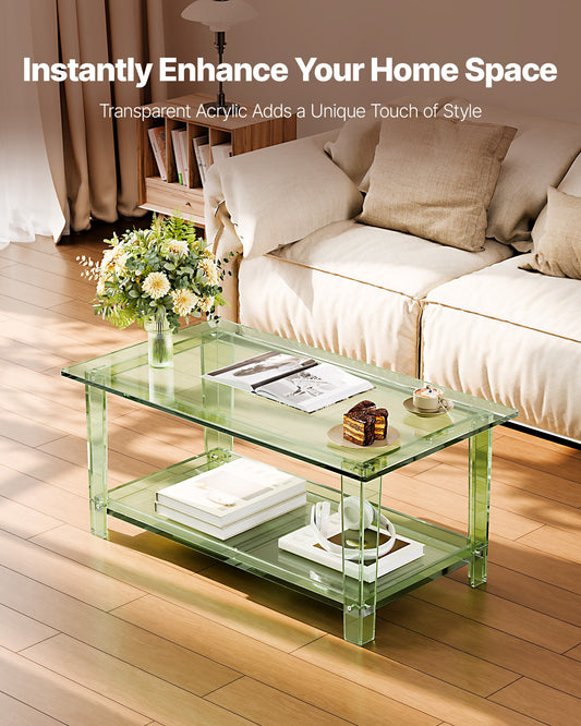 Acrylic Coffee Table, 2 Tiers Center Table with Storage Shelf, Modern Rectangle Acrylic Coffee Desk, Ideal for Dining Room, Kitchen Island, Restaurant, Office, 50 x 80 x 40 cm (Green)