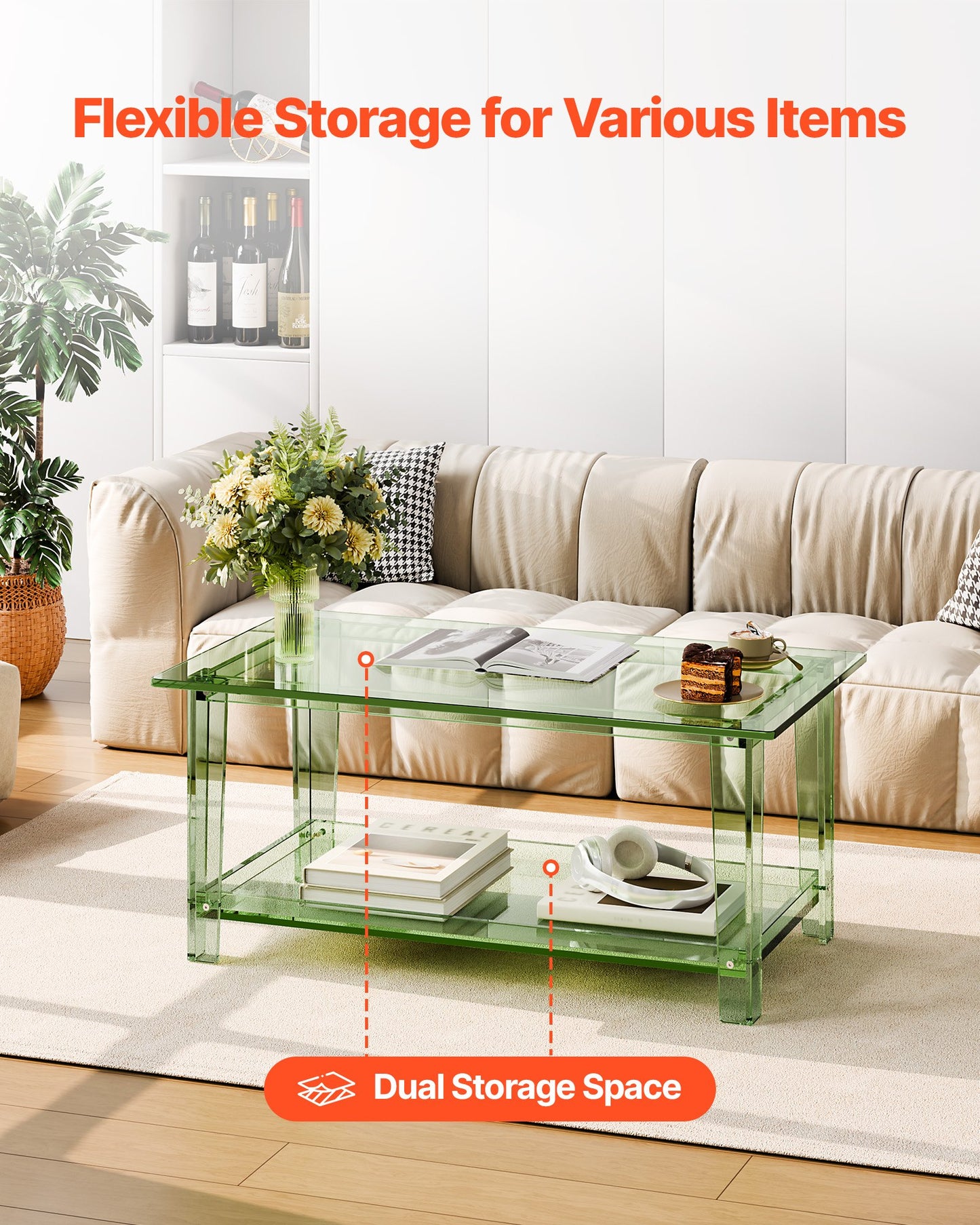 Acrylic Coffee Table, 2 Tiers Center Table with Storage Shelf, Modern Rectangle Acrylic Coffee Desk, Ideal for Dining Room, Kitchen Island, Restaurant, Office, 50 x 80 x 40 cm (Green)