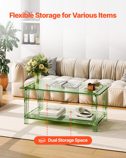 Acrylic Coffee Table, 2 Tiers Center Table with Storage Shelf, Modern Rectangle Acrylic Coffee Desk, Ideal for Dining Room, Kitchen Island, Restaurant, Office, 50 x 80 x 40 cm (Green)
