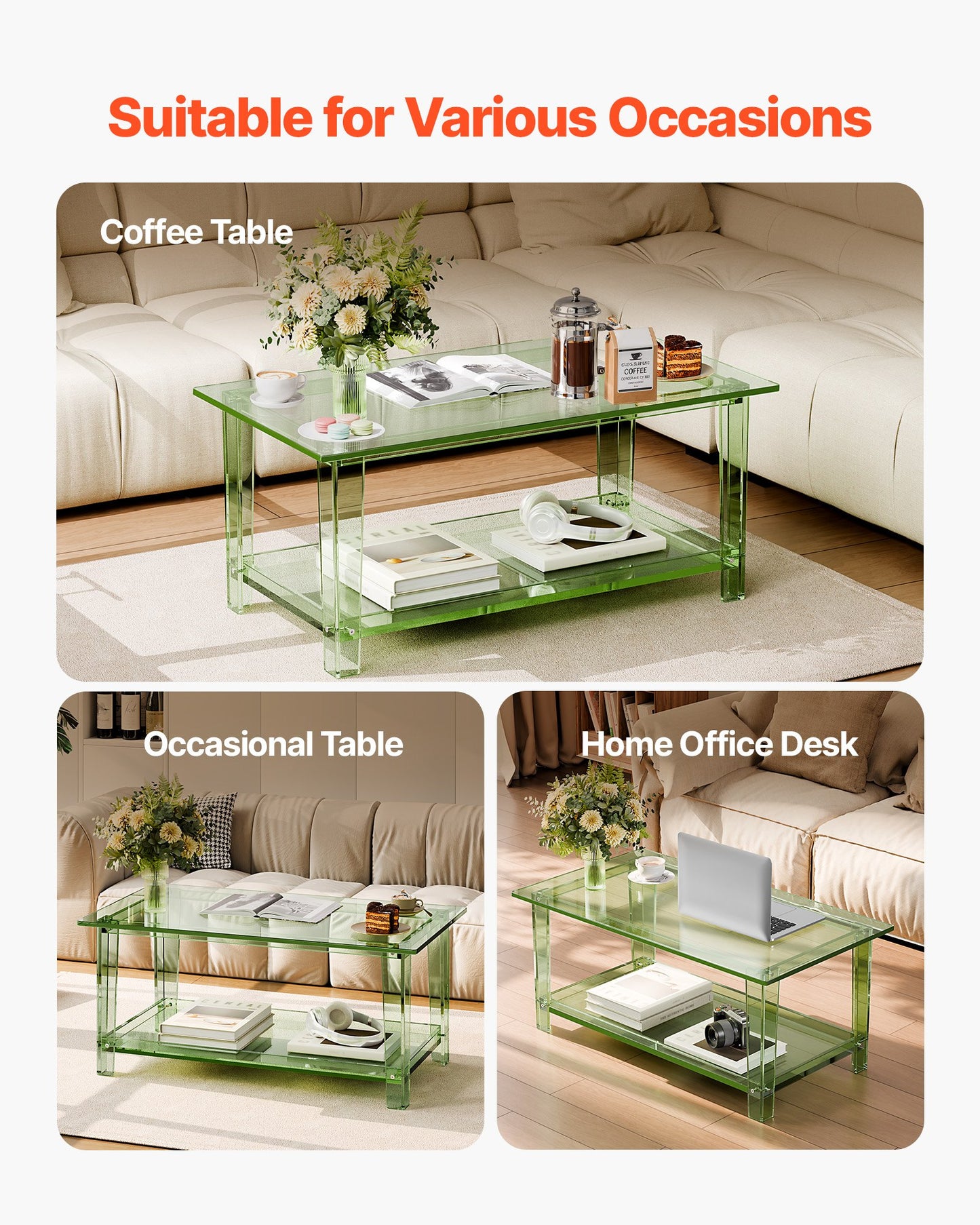 Acrylic Coffee Table, 2 Tiers Center Table with Storage Shelf, Modern Rectangle Acrylic Coffee Desk, Ideal for Dining Room, Kitchen Island, Restaurant, Office, 50 x 80 x 40 cm (Green)