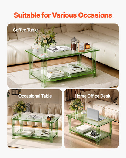 Acrylic Coffee Table, 2 Tiers Center Table with Storage Shelf, Modern Rectangle Acrylic Coffee Desk, Ideal for Dining Room, Kitchen Island, Restaurant, Office, 50 x 80 x 40 cm (Green)