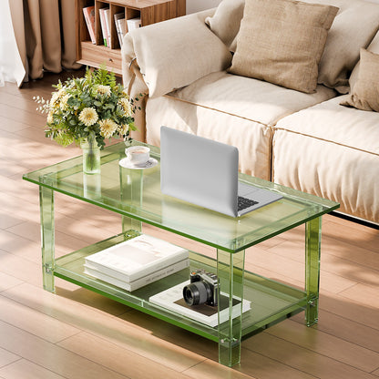 Acrylic Coffee Table, 2 Tiers Center Table with Storage Shelf, Modern Rectangle Acrylic Coffee Desk, Ideal for Dining Room, Kitchen Island, Restaurant, Office, 50 x 80 x 40 cm (Green)