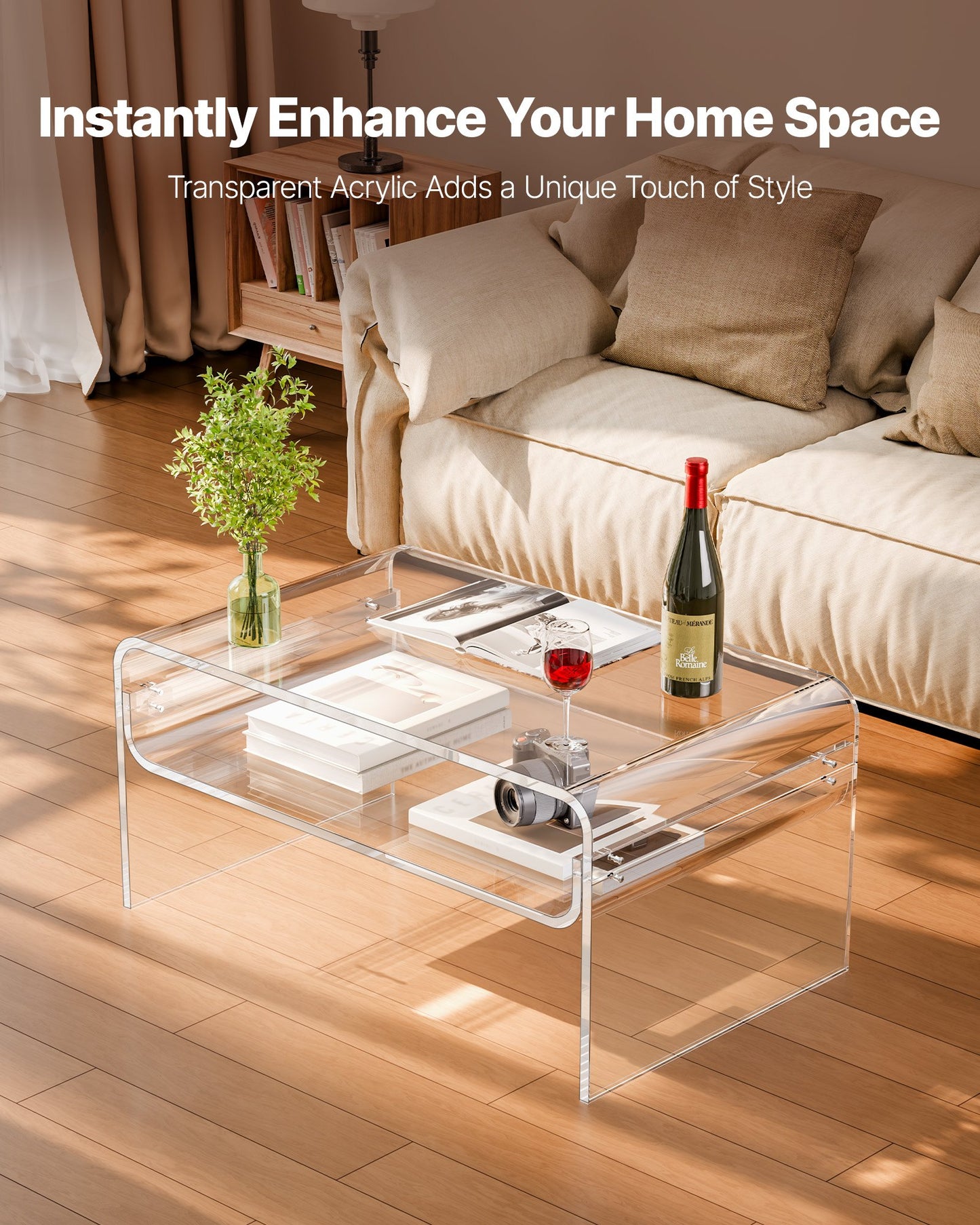 Acrylic Coffee Table, 2 Tiers Center Table with Storage Shelf, Modern Rectangle Acrylic Coffee Desk, Ideal for Dining Room, Kitchen Island, Restaurant, Office, 50 x 80 x 38 cm (Clear)