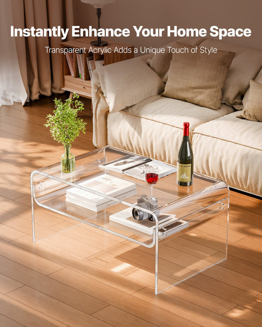 Acrylic Coffee Table, 2 Tiers Center Table with Storage Shelf, Modern Rectangle Acrylic Coffee Desk, Ideal for Dining Room, Kitchen Island, Restaurant, Office, 50 x 80 x 38 cm (Clear)