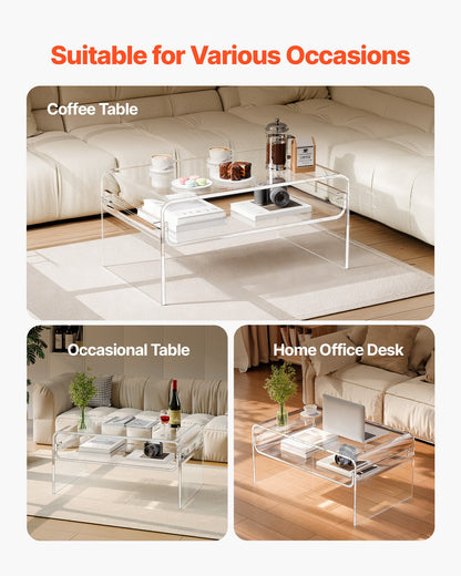 Acrylic Coffee Table, 2 Tiers Center Table with Storage Shelf, Modern Rectangle Acrylic Coffee Desk, Ideal for Dining Room, Kitchen Island, Restaurant, Office, 50 x 80 x 38 cm (Clear)