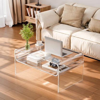 Acrylic Coffee Table, 2 Tiers Center Table with Storage Shelf, Modern Rectangle Acrylic Coffee Desk, Ideal for Dining Room, Kitchen Island, Restaurant, Office, 50 x 80 x 38 cm (Clear)